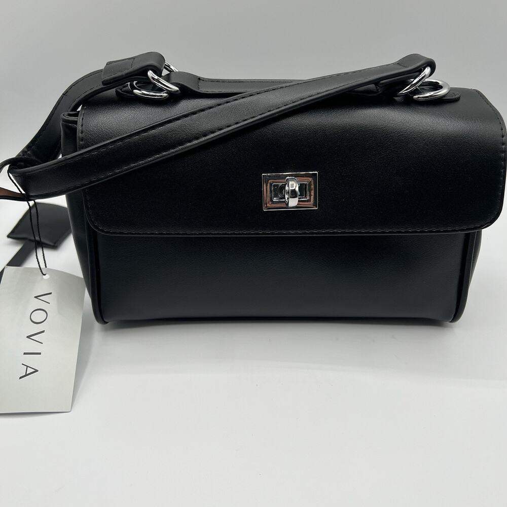VOVIA Black Vegan Leather Crossbody Shoulder Bag Purse Silver Twist Lock NWT